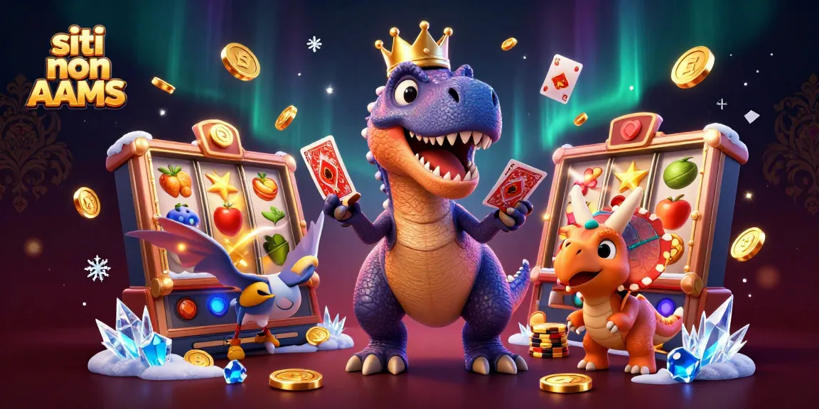 Giocare in un vivace ambiente di casinò non AAMS con un T-Rex e amici che gestiscono le slot e le scommesse.