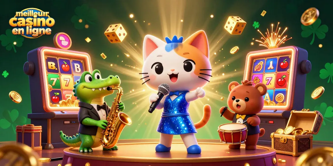 Découvrez les jeux incroyables de meilleur casino en ligne avec un chat chanteur, un crocodile et un ours dans un casino animé.