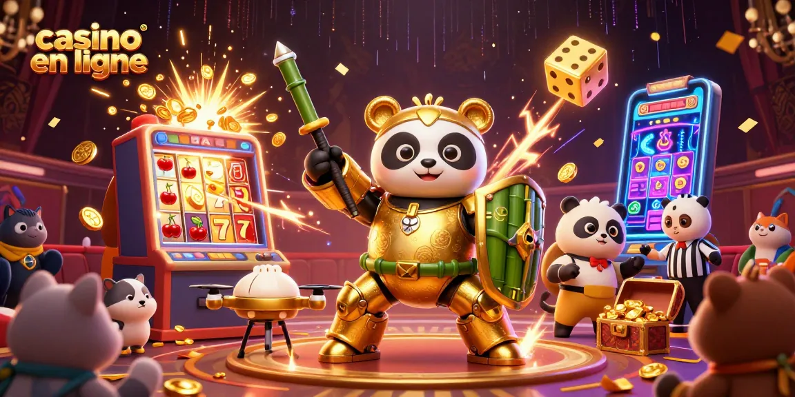 Une illustration captivante de casino en ligne avec un panda doré en armure et des machines à sous en action.