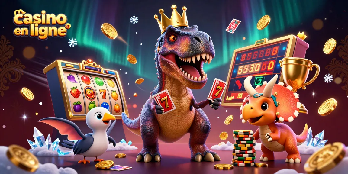 Jouer au casino en ligne avec un T-Rex, un pterodactyle assistant, et un bébé tricératops, entourés d'éléments de jeu attrayants.