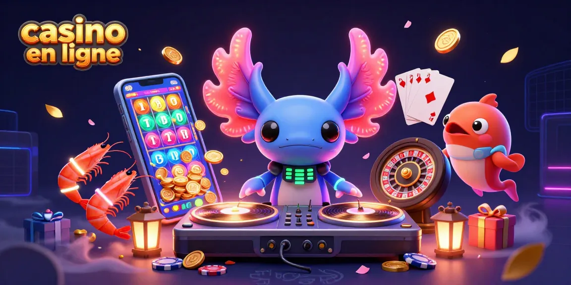 Casino en ligne avec un DJ axolotl et des crevettes qui dansent autour de jeux de machines à sous.