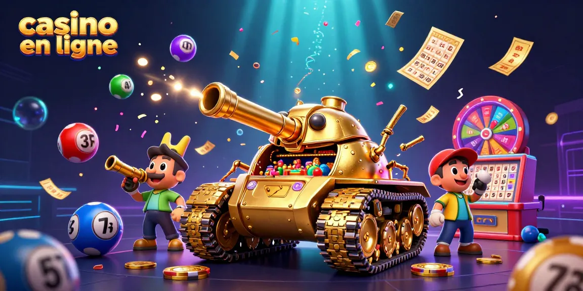 Jouez au casino en ligne avec un tank en or révélant un casino miniature à l'intérieur et des éléments de loterie colorés.