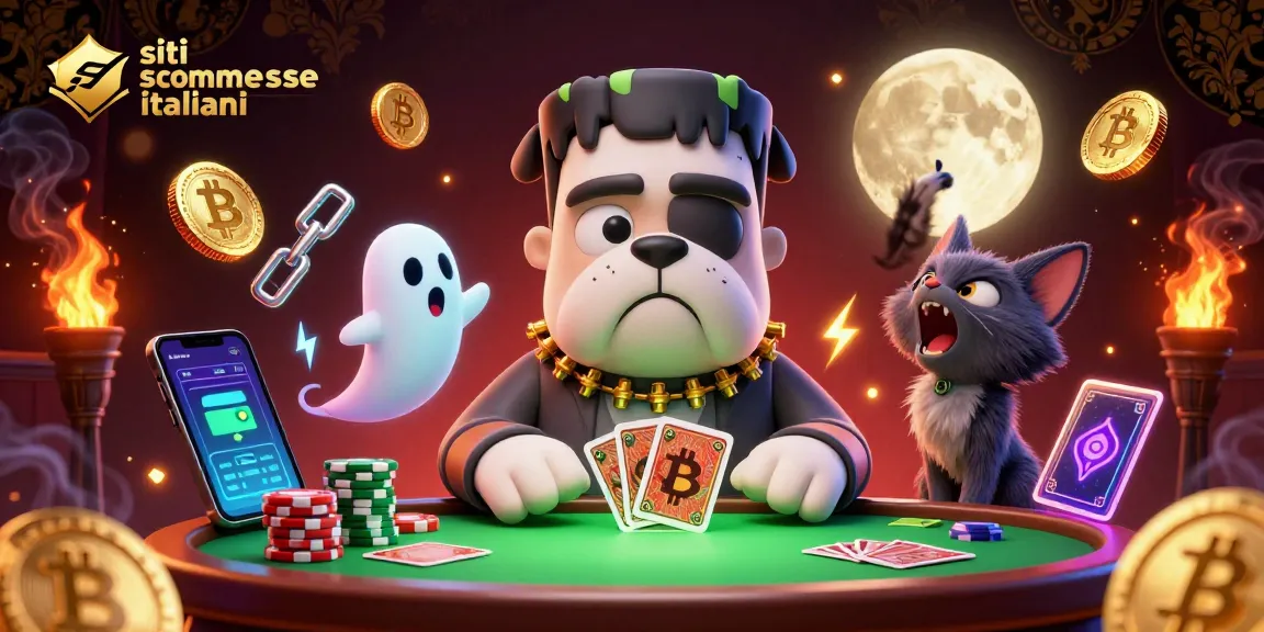 Gioca sui siti scommesse italiani con un bulldog Frankenstein che distribuisce carte in un'atmosfera spettrale.