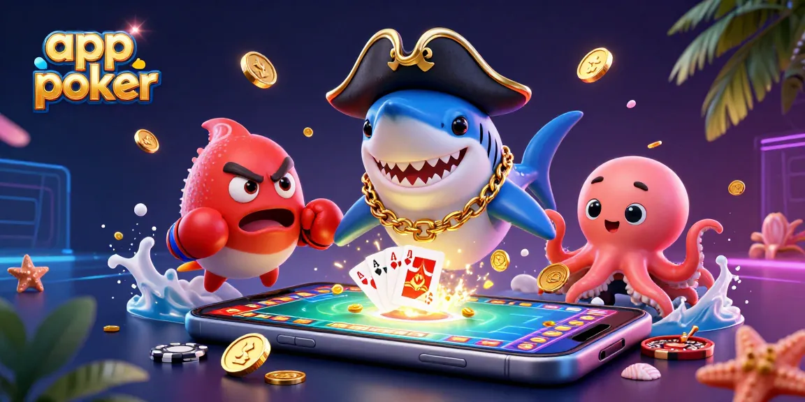 Giocare a poker con l'app poker mentre un pescecane pirata e un pagliaccio di mare animato celebrano vincite con monete d'oro.