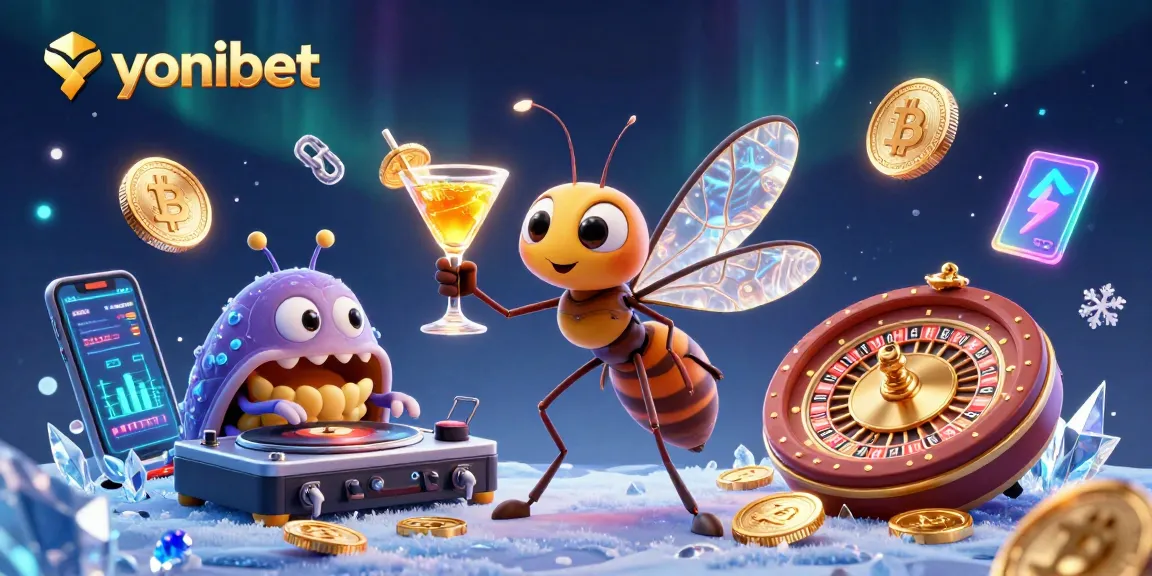 Joyful yonibet casino experience with vibrant characters and crypto elements in a vibrant 3D scene.