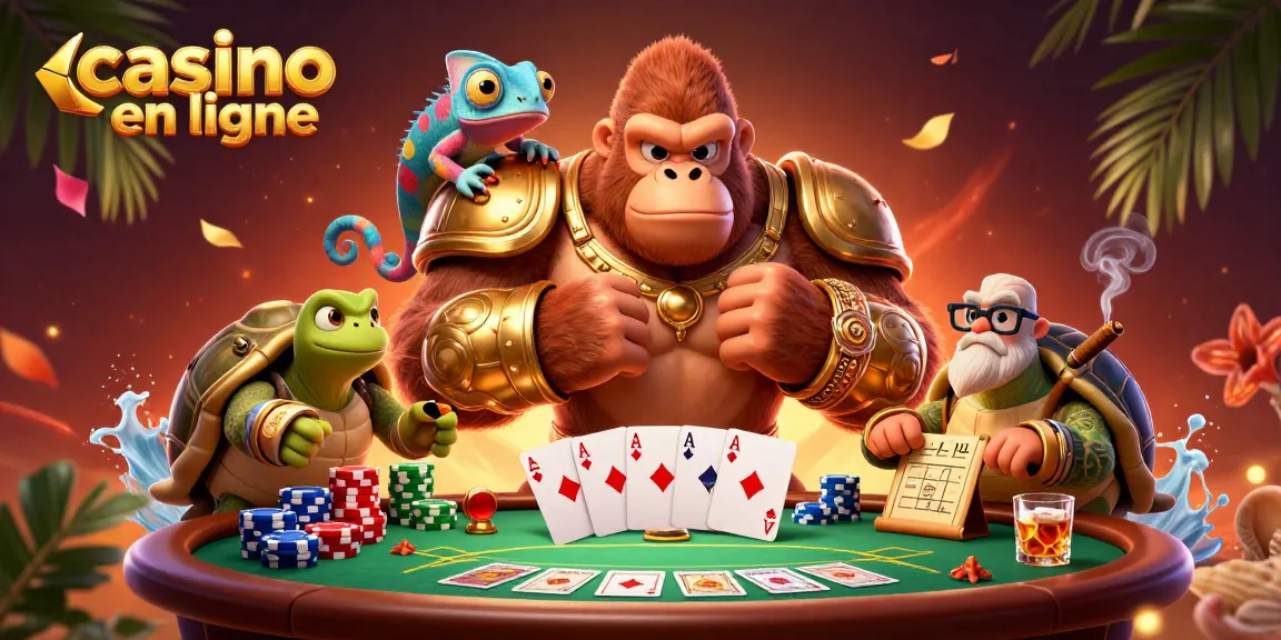 Jouer au casino en ligne avec un roi gorille en armure et ses compagnons colorés.