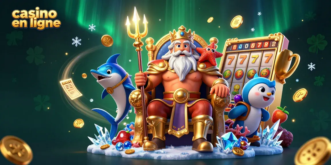 Jouez au casino en ligne avec Neptune et sa couronne de chance, entouré de jackpots dynamiques.