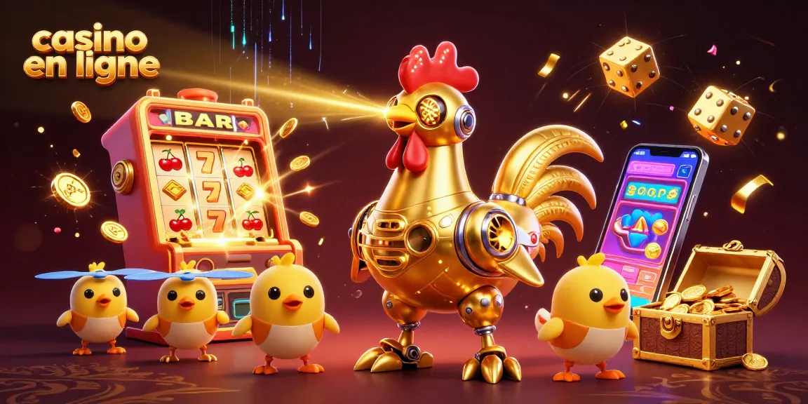 Découvrez le casino en ligne avec un robot coq doré créatif entouré de machines à sous et de drones.