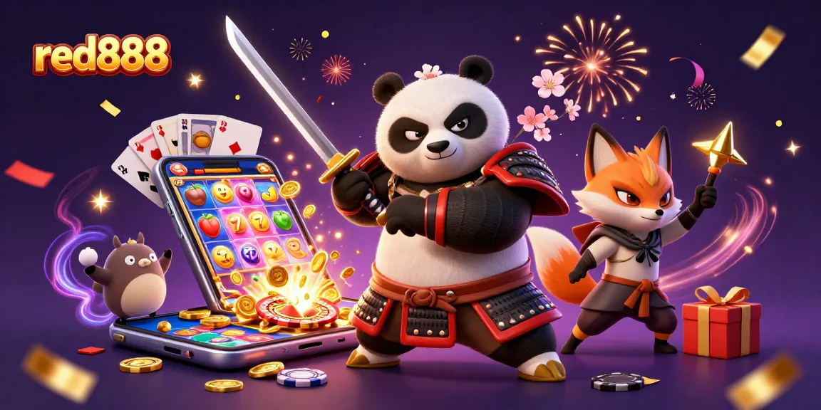 red888 showcases a vibrant 3D casino scene with samurai panda and ninja fox amidst winning slots.