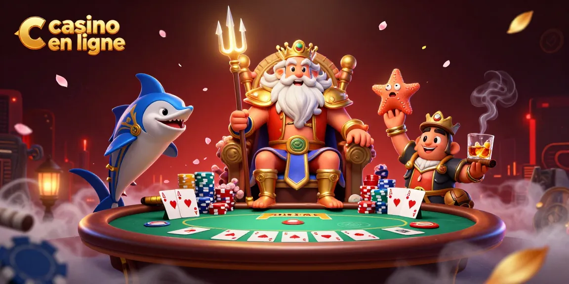 Jouez à casino en ligne avec une illustration 3D du roi Neptune entouré d'éléments de poker.