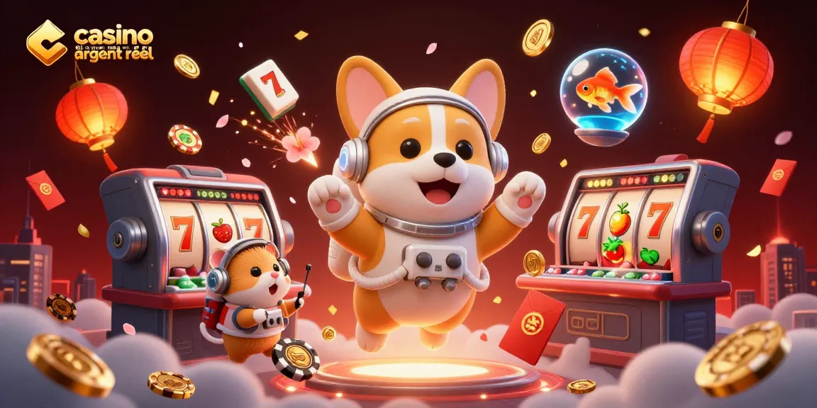Profitez d'une illustration captivante de casino en ligne argent réel avec un corgi astronaute flottant et des symboles de jeu virevoltants.