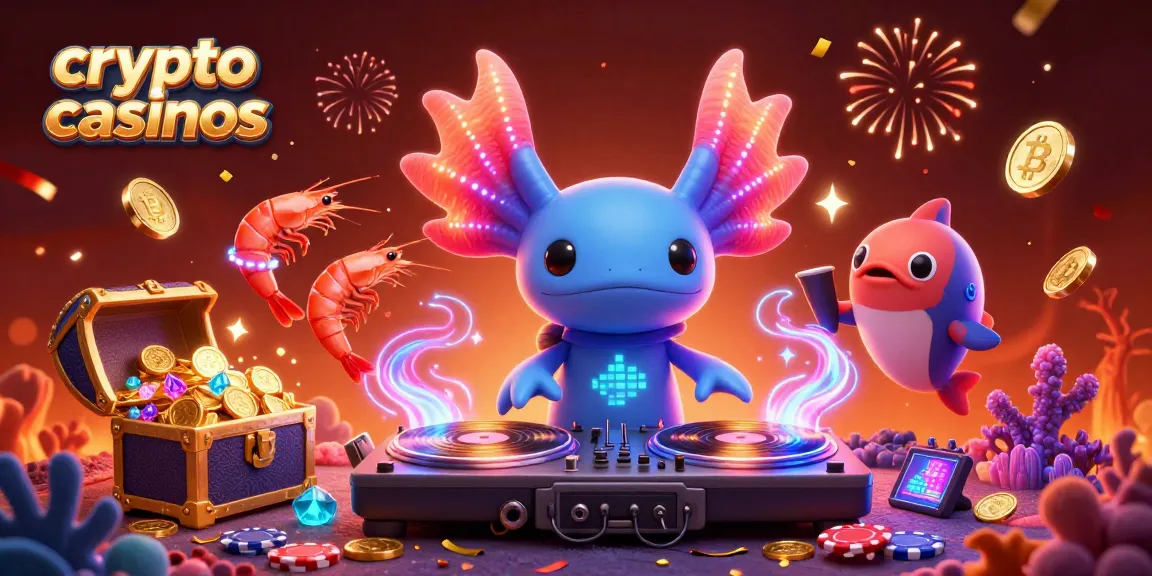 Jouer dans des crypto casinos avec un DJ axolotl et des éléments festifs sous-marins.