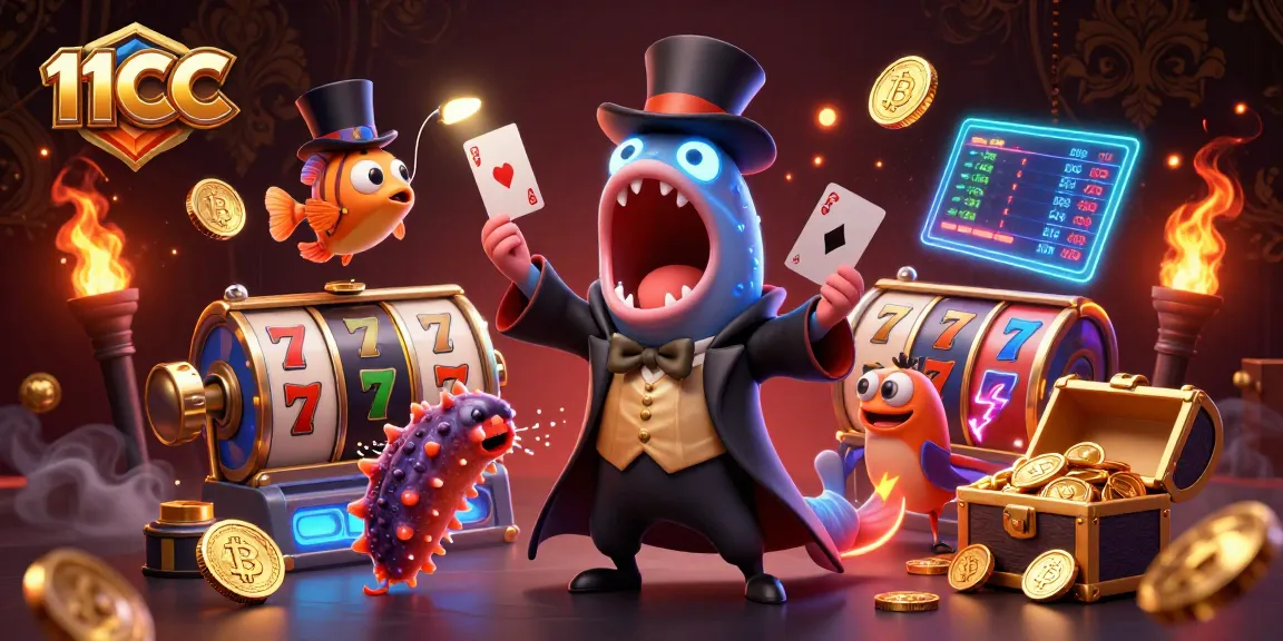 Experience thrilling casino action with 11CC's dynamic scene of 3D characters and vibrant gaming elements.