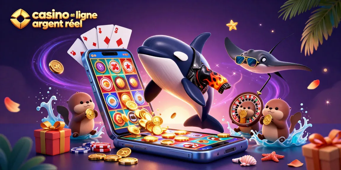 Une scène de casino en ligne argent réel dynamique avec une orque, un raie et des loutres tenant des pièces d'or.