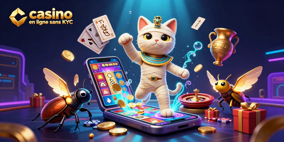 Illustration de casino en ligne sans KYC avec un chat momie égyptien et des éléments de jeu vibrants.