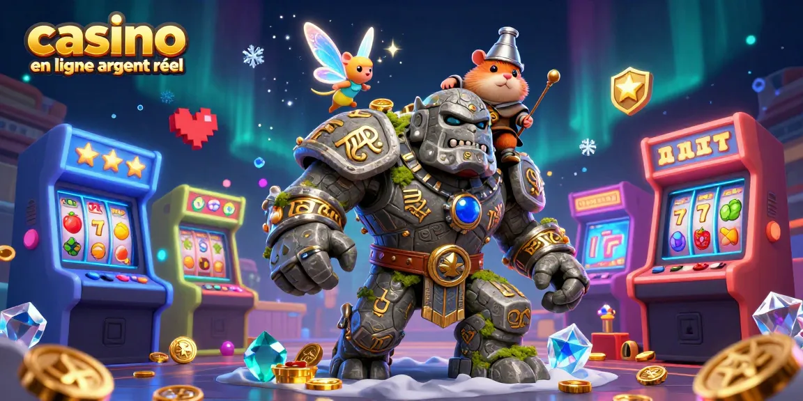 Visualisez un univers de casino en ligne argent réel avec un golem et un hamster chevalier.