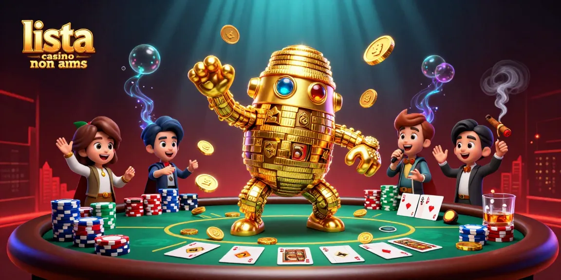 Giocando nel mondo dei migliori casino non AAMS, un golem d'oro circondato da chip e carte da poker.