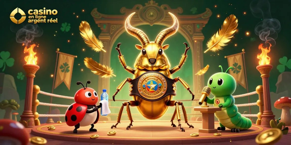 Illustration 3D représentant un combat entre un scarabée géant et un petit insecte autour de jeux de casino en ligne argent réel.