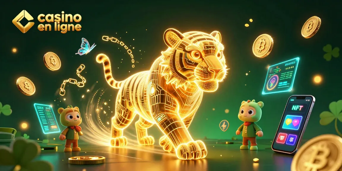 Une représentation dynamique et colorée du casino en ligne avec un tigre doré en énergie lumineuse et des éléments de crypto-monnaies.