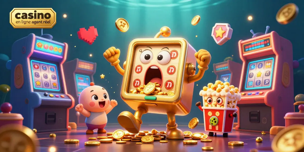 Jeu au casino en ligne argent réel avec une machine à sous dorée et des éléments de jeu colorés.