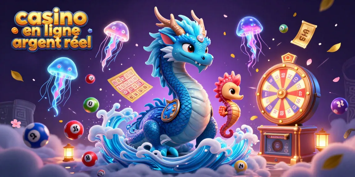 Illustration de jeu de casino en ligne argent réel avec un dragon en 3D, lots colorés et magie.