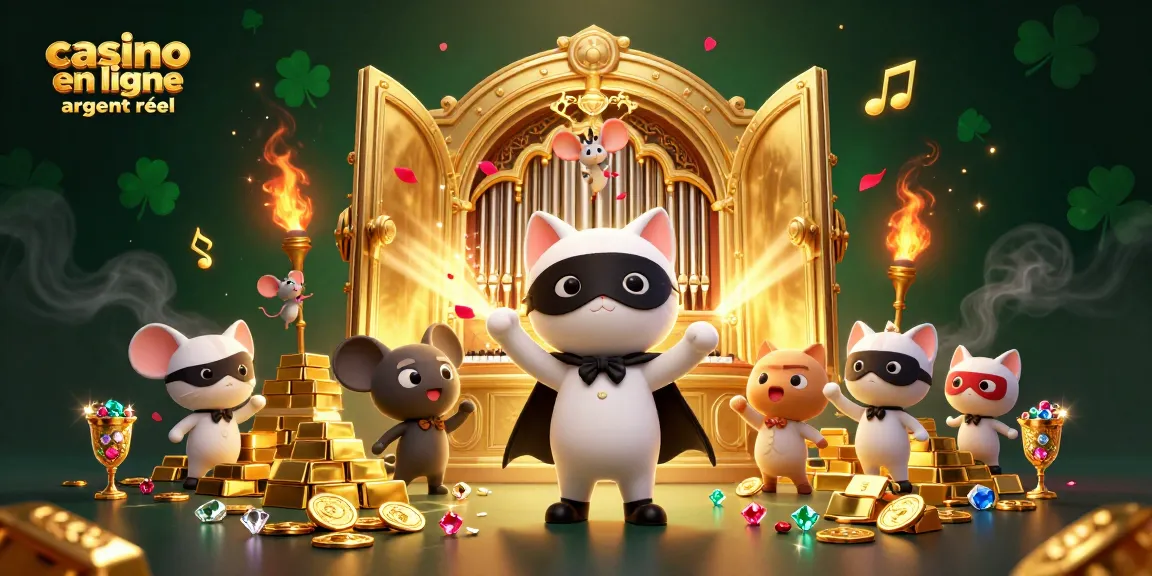 Illustration captivante de casino en ligne argent réel avec un chat fantôme jouant de l’orgue, des trésors scintillants autour.