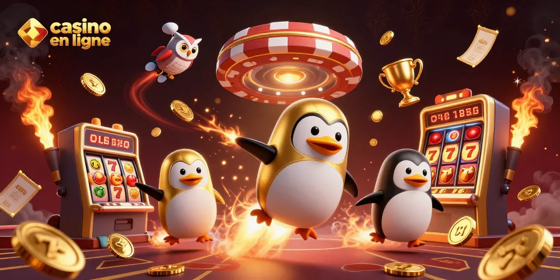 Casino en ligne : un pingouin doré et des éléments de jeu dans un univers coloré.