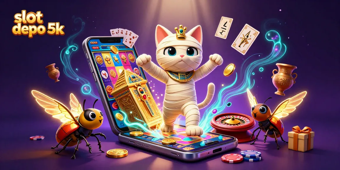 Spin colorful slot games in the dynamic slot depo 5k scene with Egyptian mummy cat and golden coins.