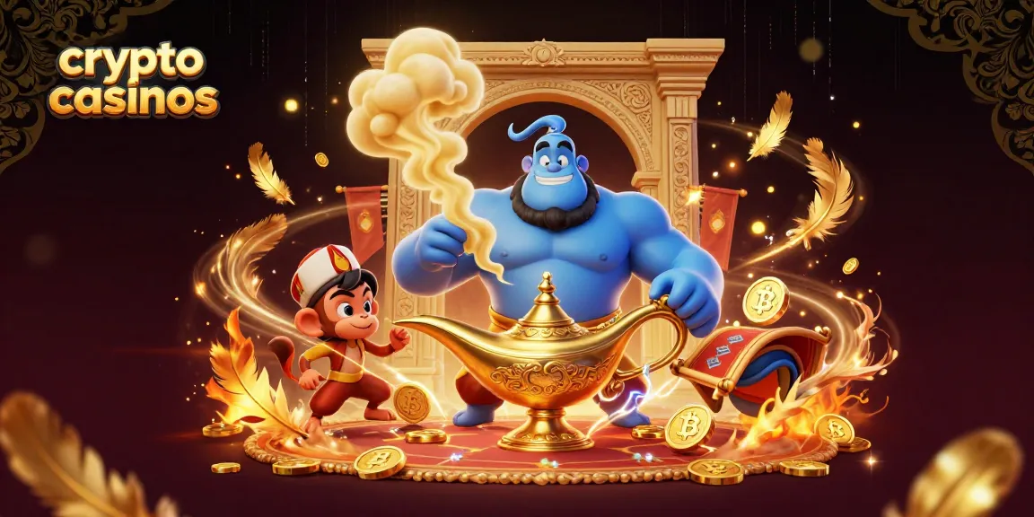Découvrez les crypto casinos où un génie et un singe animé dansent parmi les pièces d'or et les cryptomonnaies.