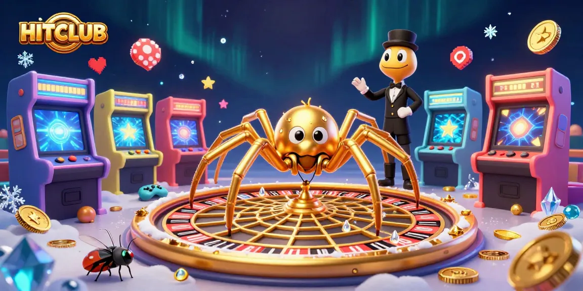 Engage with HITCLUB's vivid online gaming world featuring a golden roulette spider and interactive characters.