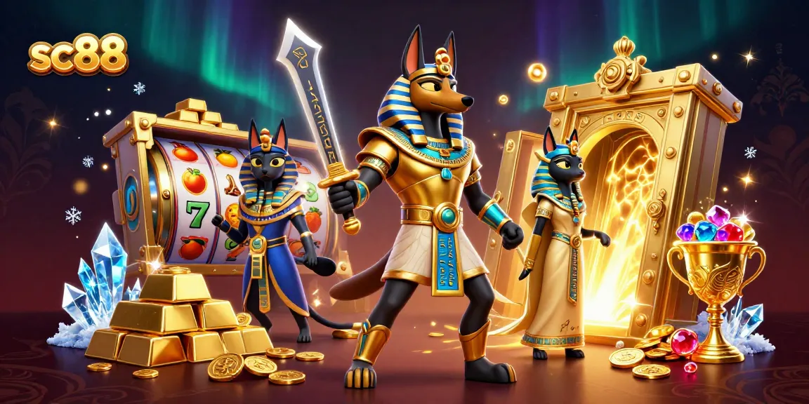 Experience thrilling adventures at sc88 with Anubis and Bastet amidst treasures and slot reels.