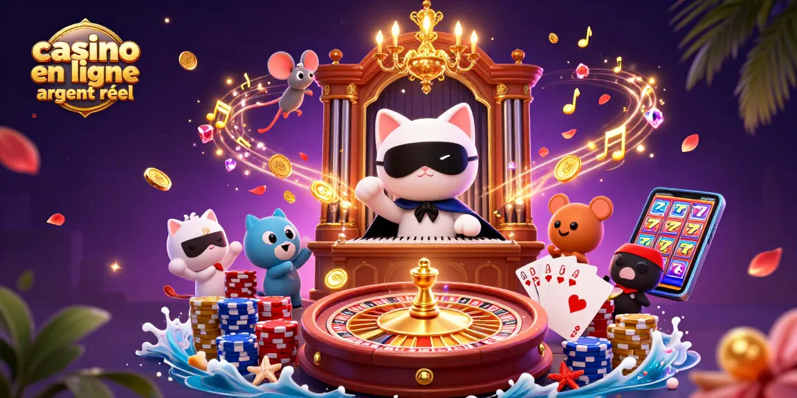 Jouer aux jeux de casino en ligne argent réel avec des personnages animés et des éléments scintillants.