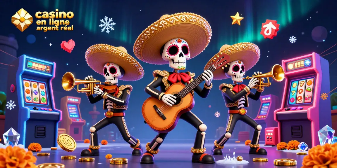 Illustration vivante d'une scène de casino en ligne argent réel, avec un groupe de mariachi jouant, entouré d'éléments de jeu.