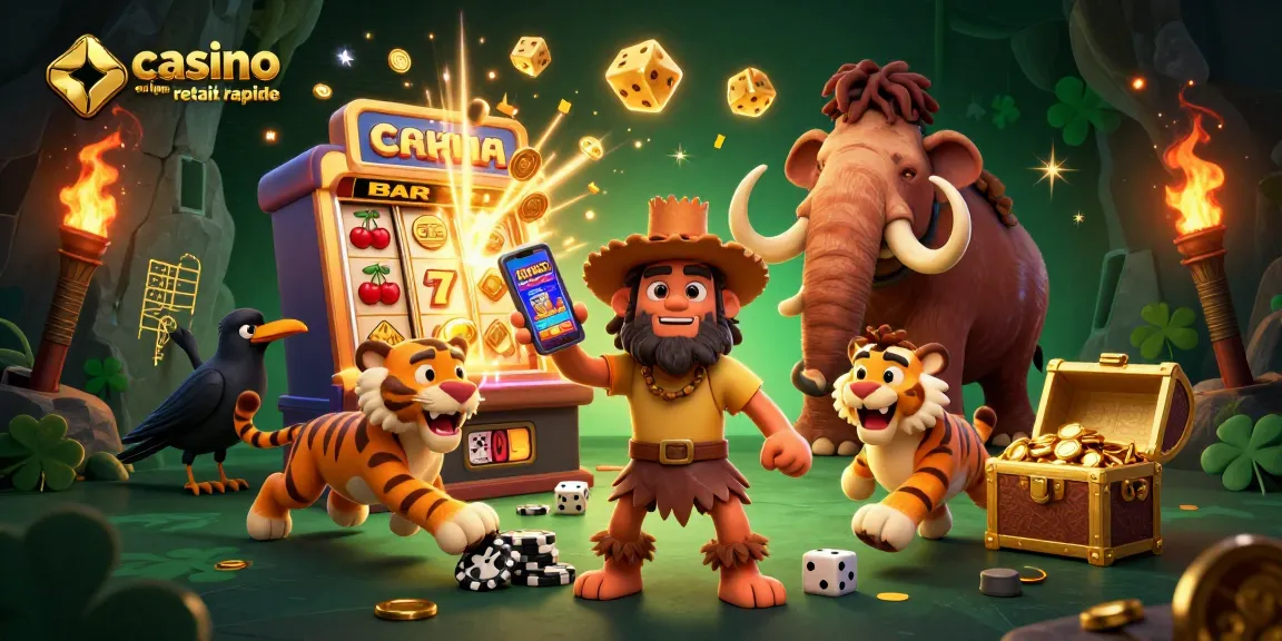 Casino en ligne retrait rapide avec un duo de personnages préhistoriques dans un casino animé, entouré de machines à sous et de jeux.
