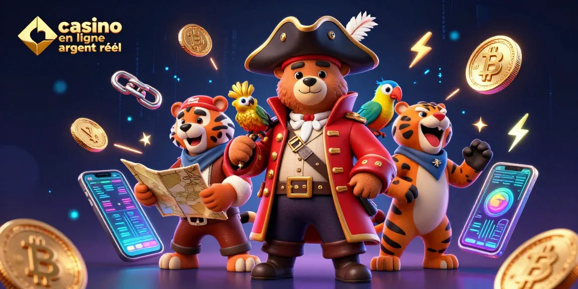 Jouez à casino en ligne argent réel avec un ours pirate, un tigre et des pièces de monnaie numériques.