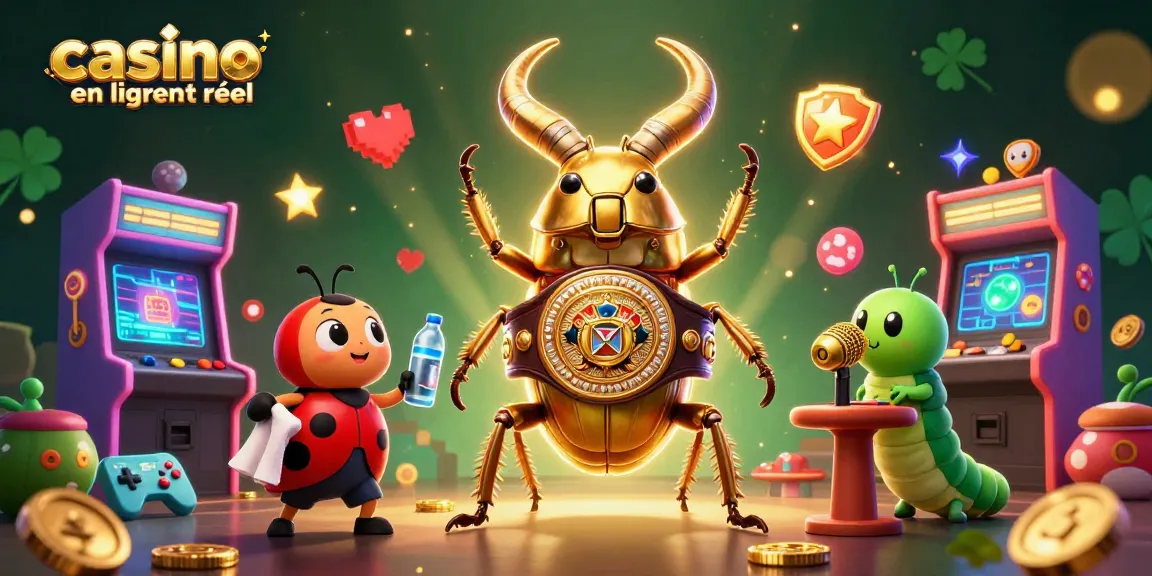 Illustration dynamique de casino en ligne argent réel mettant en scène un scarabée doré avec une ceinture de boxe et ses compagnons dans un décor féérique.