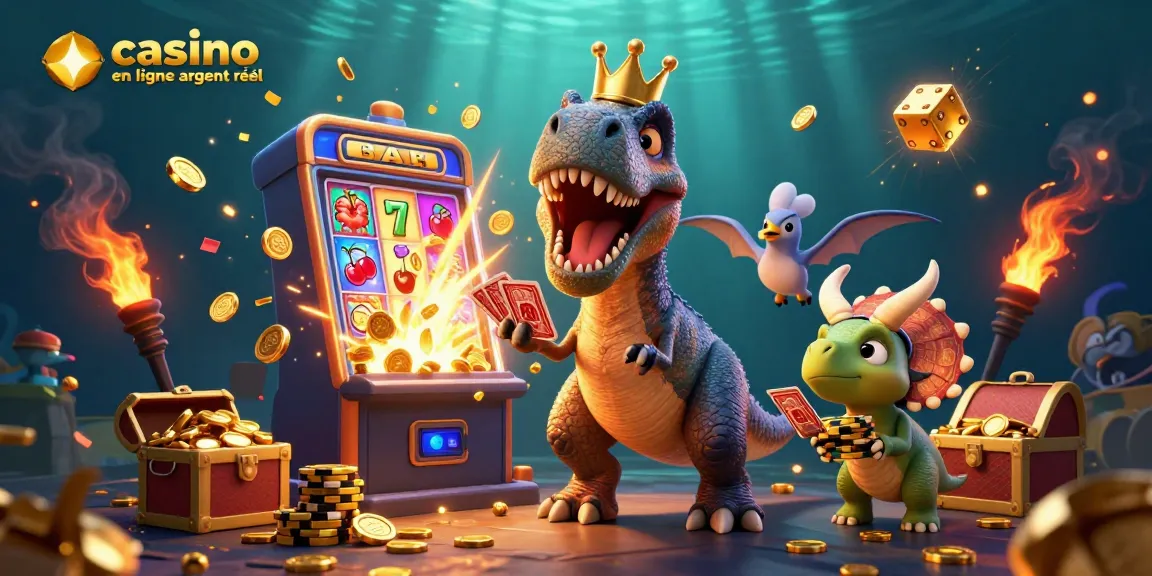 Découvrez un univers de jeux avec un T-Rex jouant aux cartes et un jackpot explosif dans un casino en ligne argent réel.