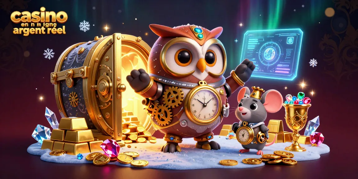 Illustration 3D captivante illustrant le casino en ligne argent réel avec un hibou steampunk et des éléments de jeu.