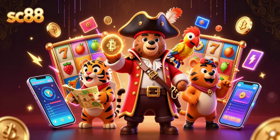 Experience sc88's thrilling slot adventure with pirate bear, tiger, and parrot amidst vibrant game elements.