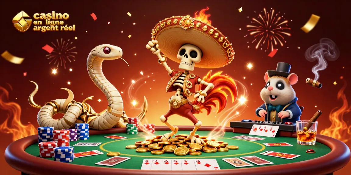 Affichez le casino en ligne argent réel où un perroquet mariachi danse sur un tas de pièces d'or entouré d'éléments de poker.