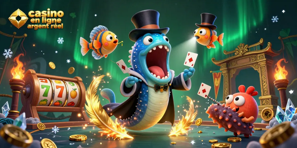 Une scène animée de casino en ligne argent réel avec un poisson-globe en cape magique et des éléments de jeux captivants.
