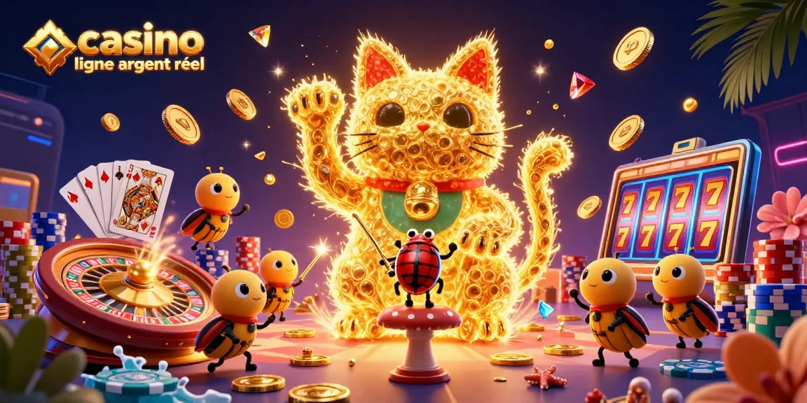 Jouez dans un casino en ligne argent réel avec un chat porte-bonheur et des éléments de jeu animés.