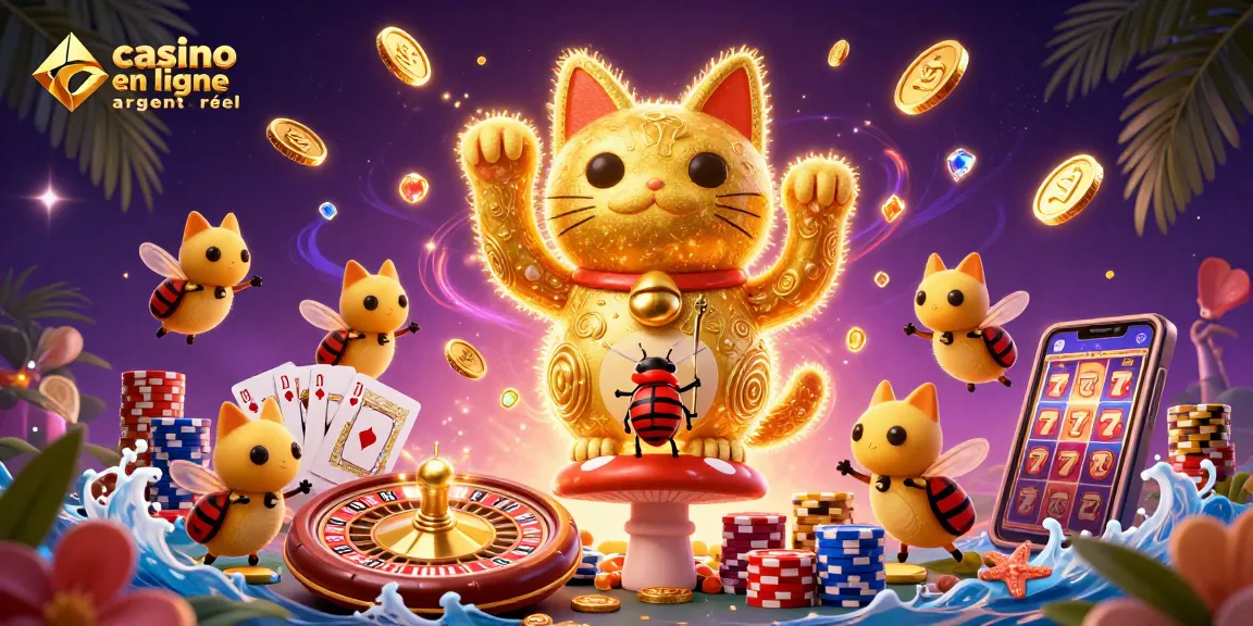 Expérimentez le meilleur casino en ligne argent réel avec une illustration colorée de jeux et symboles de chance.
