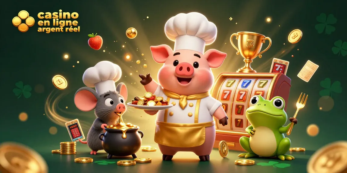 Illustration dynamique de casino en ligne argent réel avec un chef cochon et des éléments de machines à sous.