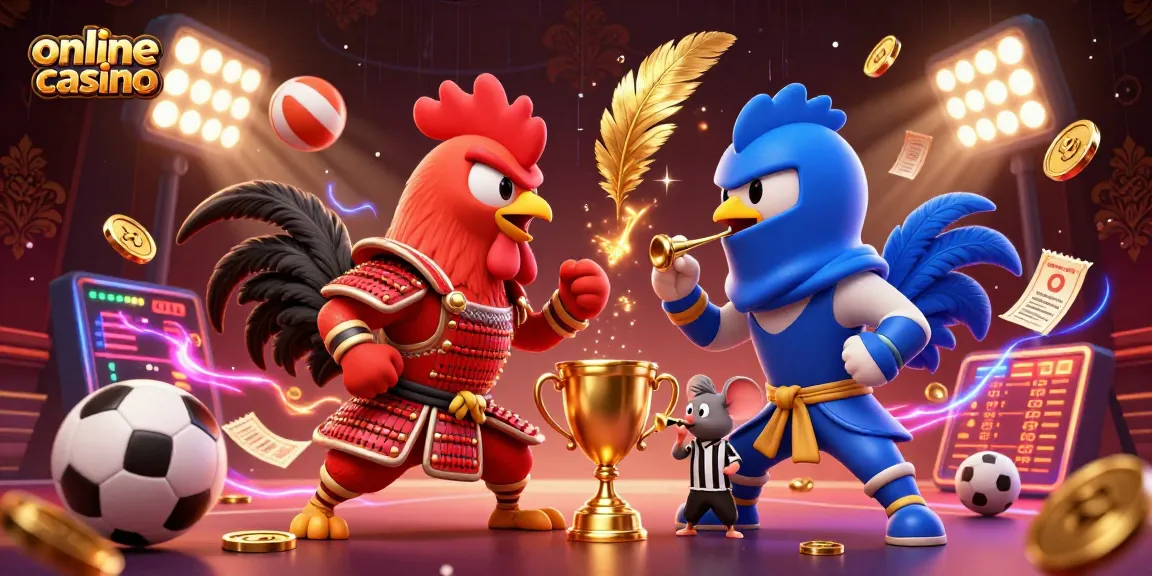 Engage in dynamic action at the online casino featuring roosters in epic combat amidst vibrant sports elements.