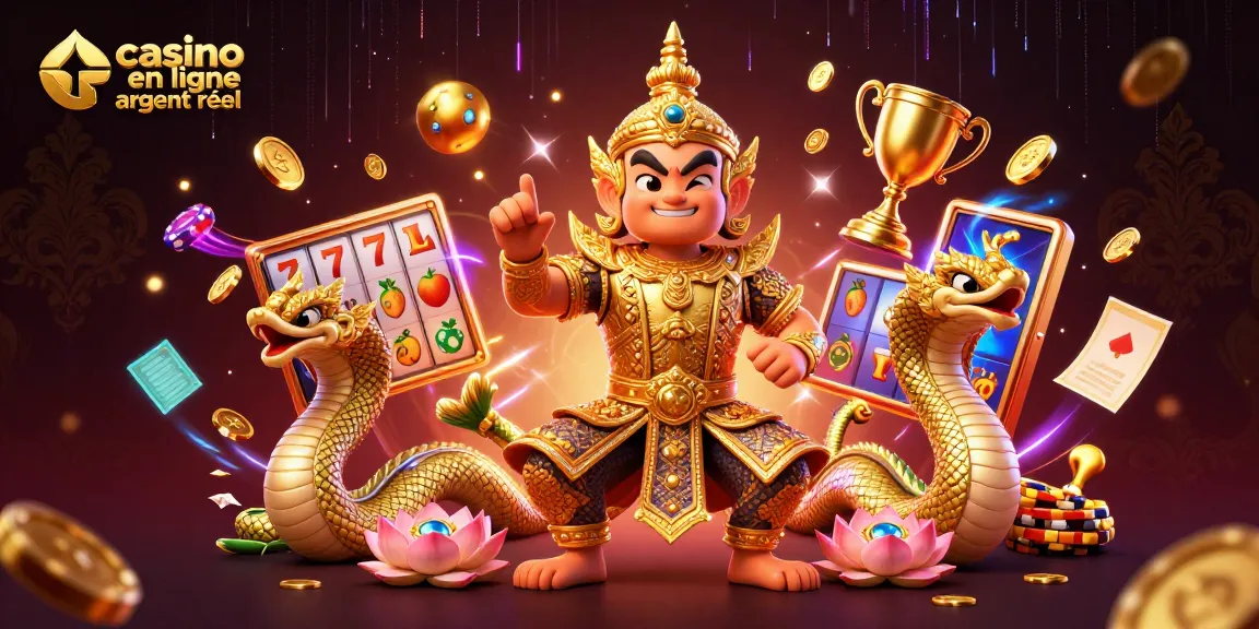 Jouez au casino en ligne argent réel avec un gardien thaï dans une scène dynamique et festive.