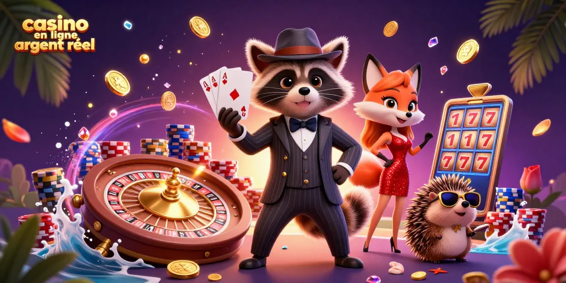 Jouer au casino en ligne argent réel avec un raton laveur élégant et une renarde charmante entourés de pièces d'or et de joyaux.