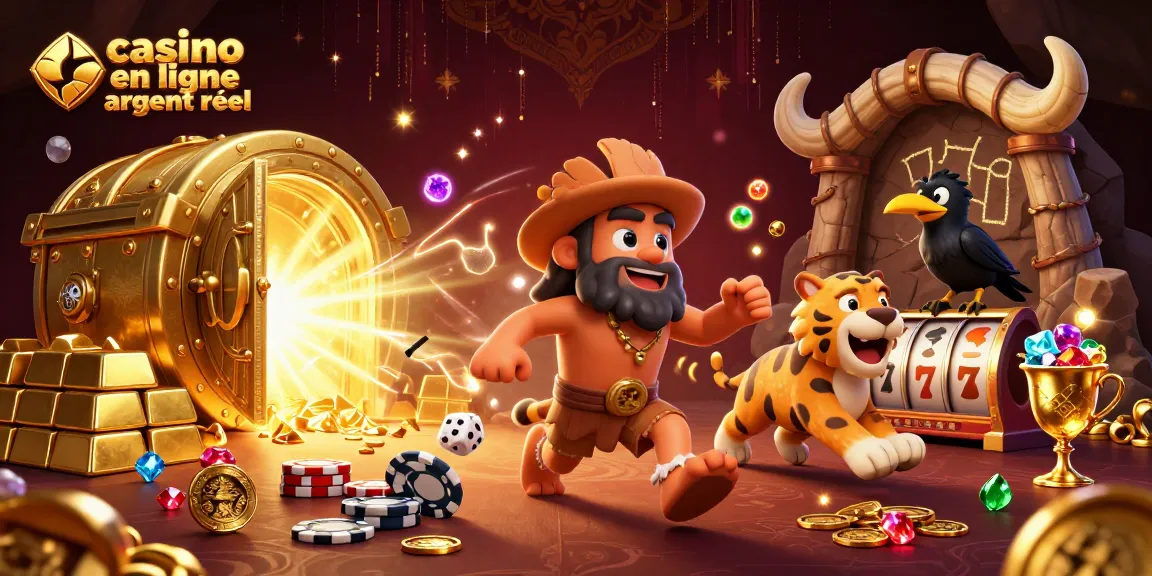 Jouez au casino en ligne argent réel avec une scène animée de personnages préhistoriques et des éléments de jeu excitants