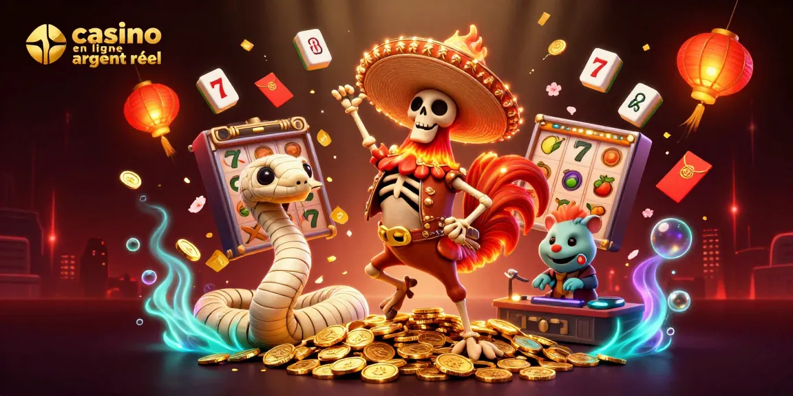 Vivez l'excitation du casino en ligne argent réel avec une illustration dynamique de mariachis dans un casino vibrant.