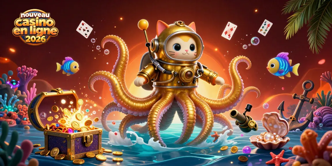 Une illustration d'un nouveau casino en ligne 2026 avec un kraken et un chat plongeur, animant l'univers des jeux d'argent.